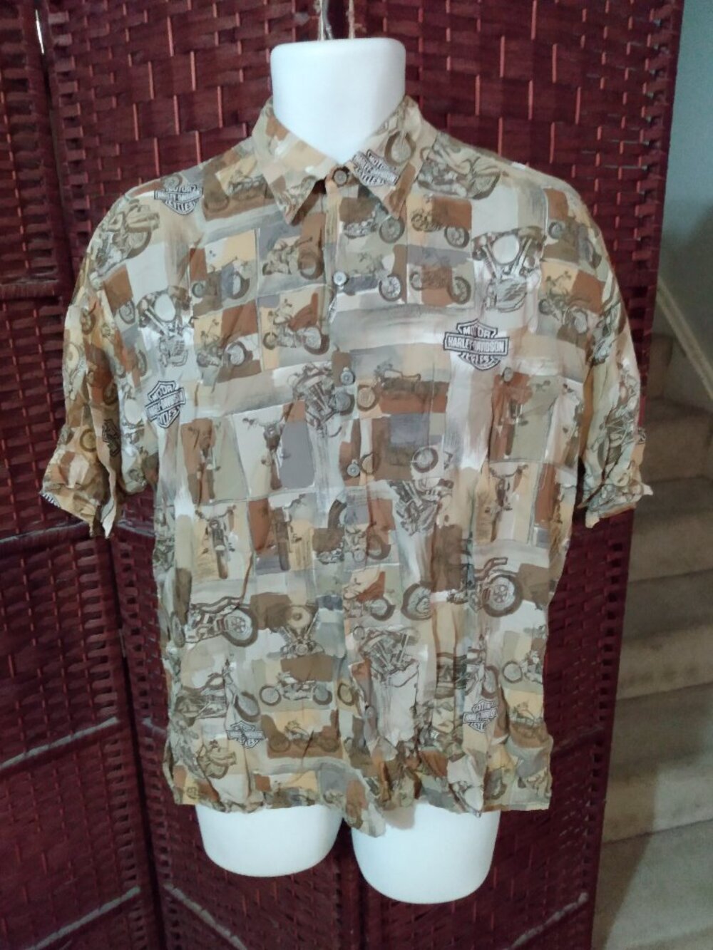 Vintage Mens Harley Davidson Hawaiian Shirt Large All Over Print Motorcycle